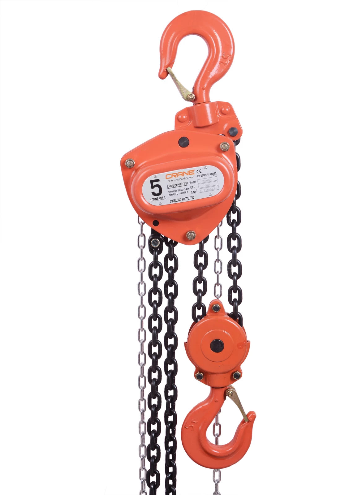 Crane IP Series Grade 100 5000kg Chain Block - 6.0m - Overload Protected